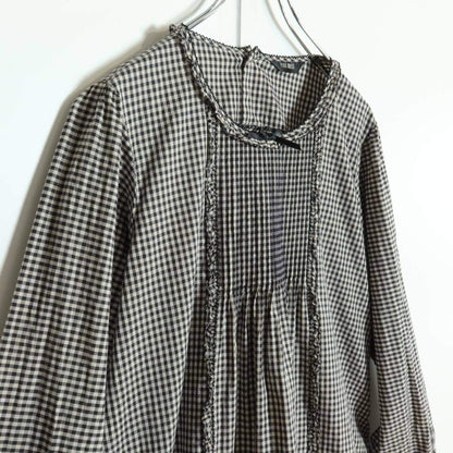 【極美品】ピンクハウス★ふんわりフォルム♪ギンガムチェックブラウス 紺系 サテンリボン♪＊z15830