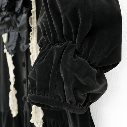 【美品】ピンクハウス★ベルベットX’masドレス ドットチュールレース♪黒ベロアのパフ袖ワンピース  黒系 重ね付けリボン♪厚手 z23244