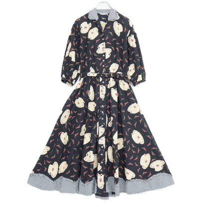 ピンクハウス★ギンガムパッチワーク♪ティーカップ&お花ptワンピース 黒系 前開き はしごレースも♪薄手 z20627