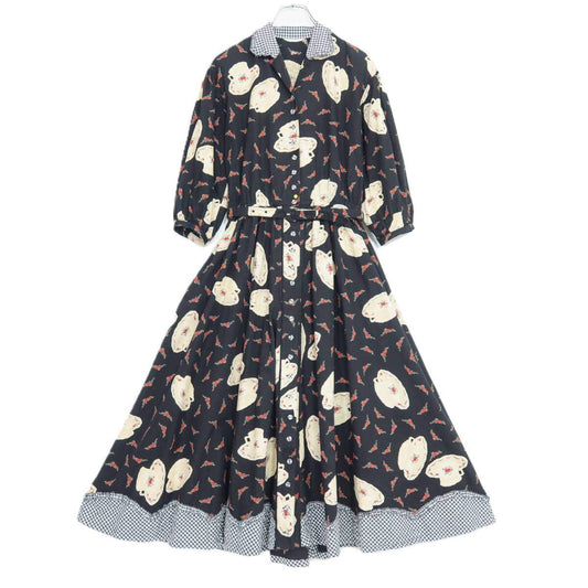 ピンクハウス★ギンガムパッチワーク♪ティーカップ&お花ptワンピース 黒系 前開き はしごレースも♪薄手 z20627