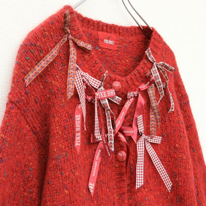 【美品】ピンクハウス★主役級♪リボン目を惹く♪ロングカーディガン 赤系 厚手 z23255