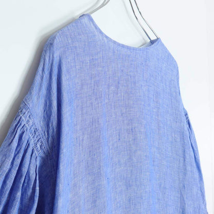 【美品】ネストローブ nest Robe★バルーンスリーブ 麻100 リネンシャツワンピース サイズF ブルー系 薄手 無地 *z19321