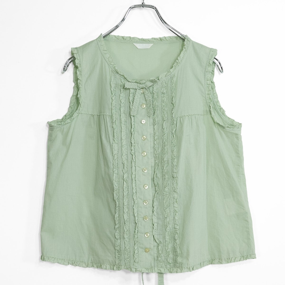 【美品】ピンクハウス★フリル使い♪ノースリーブローンブラウス ハッカ系 前開き フリル&ピコレース♪無地 z23124
