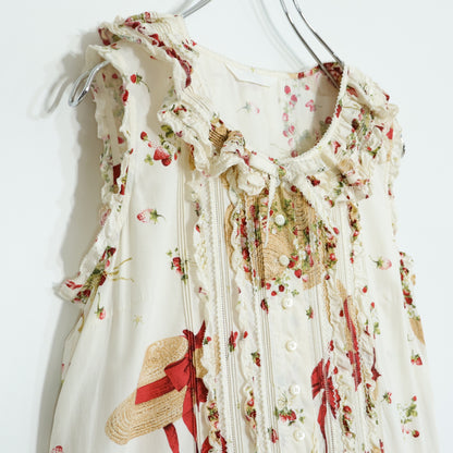 【美品！】ピンクハウス★Straw-berry Hat♪かぶせ段々フリルのワンピース エクリュ系 前開き はしごレース♪薄手 z22160