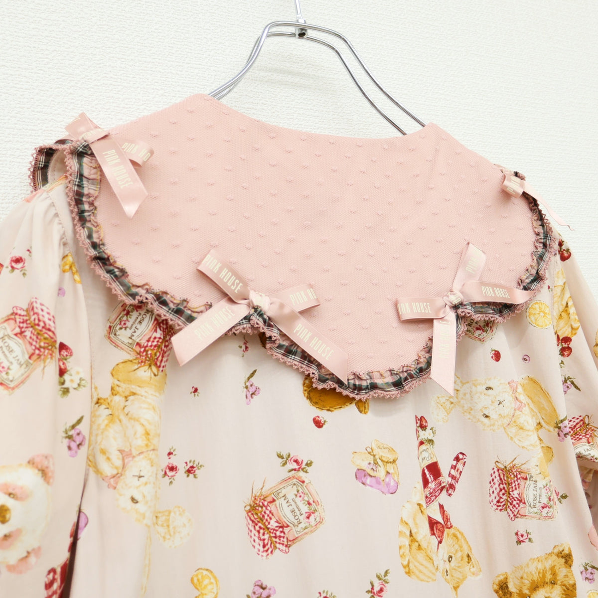 【極美品】ピンクハウス★アニマルハッピージャムpt♪かぶせ段々ワンピース ピンク系 前開き ドットチュール&リボン♪z23295