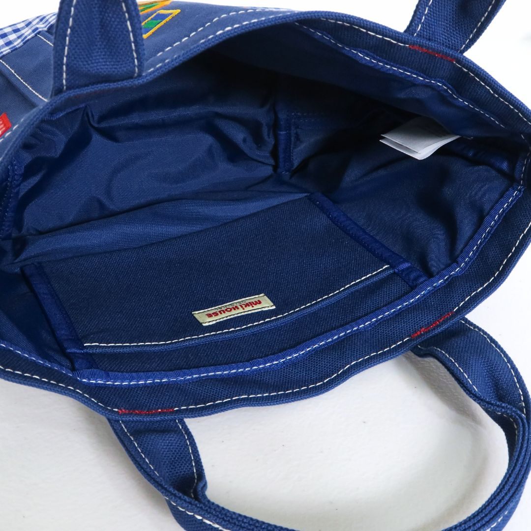 【極美品】ミキハウス★クラシックベア アップリケ ギンガムチェック トートバッグ　紺系　＊ba317
