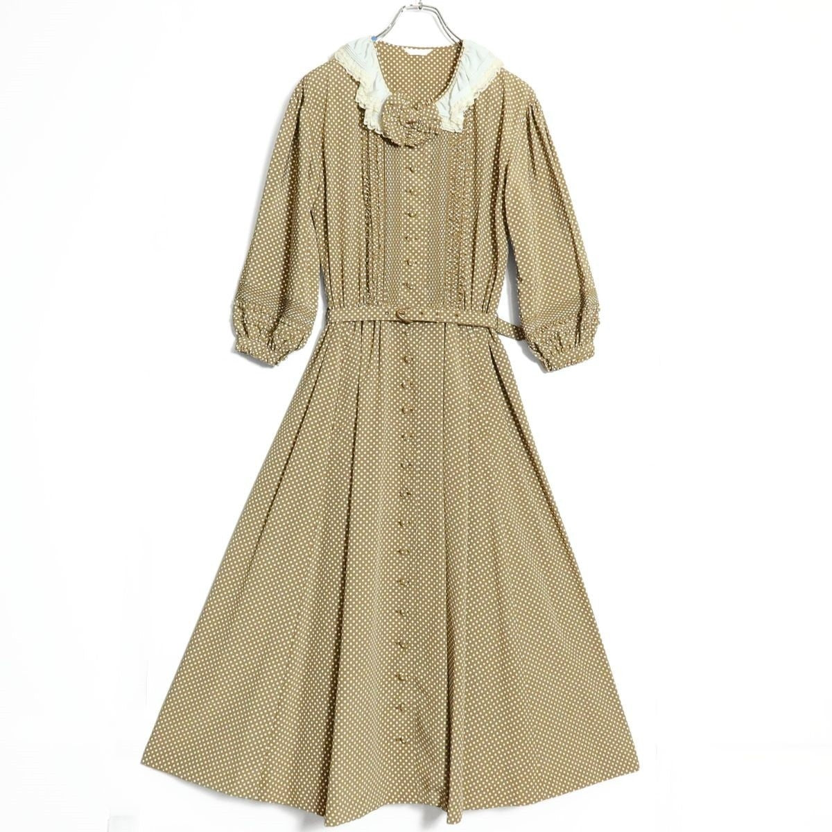 【美品】ピンクハウス★大人可愛い！ドット柄パフスリーブワンピース レトロ レース衿デザイン 薄ブラウン系 z15619