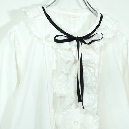 【美品】ピンクハウス★黒リボン使い♪長袖フリルブラウス 白系 前開き 無地 薄手 z22545