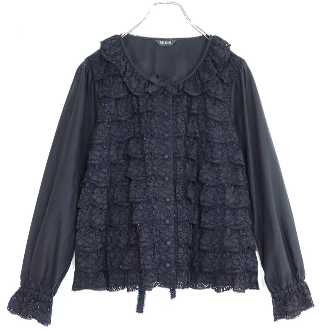 【美品】ピンクハウス★豪華！繊細レースかぶせ段々フリル♪ローンブラウス 長袖 黒系 前開き 無地 薄手＊z20040