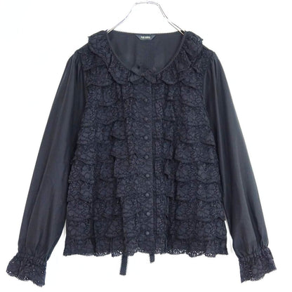 【美品】ピンクハウス★豪華！繊細レースかぶせ段々フリル♪ローンブラウス 長袖 黒系 前開き 無地 薄手＊z20040