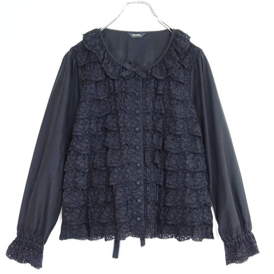 【美品】ピンクハウス★豪華！繊細レースかぶせ段々フリル♪ローンブラウス 長袖 黒系 前開き 無地 薄手＊z20040