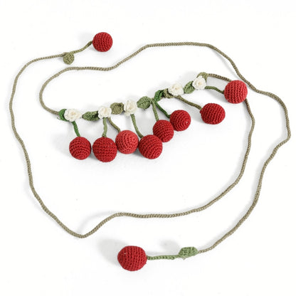 PINK HOUSE ピンクハウス★凝ったハンドニット 立体さくらんぼ×花モチーフ♪ベルト ネックレス 赤系 ロマンティック カントリー so465