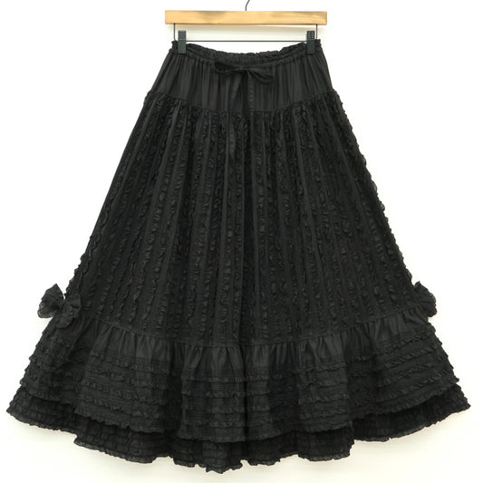 【極美品】ピンクハウス★びっしり縦フリル♪ローンギャザースカート 黒系 裾かぶせ段々&リボン♪z23280