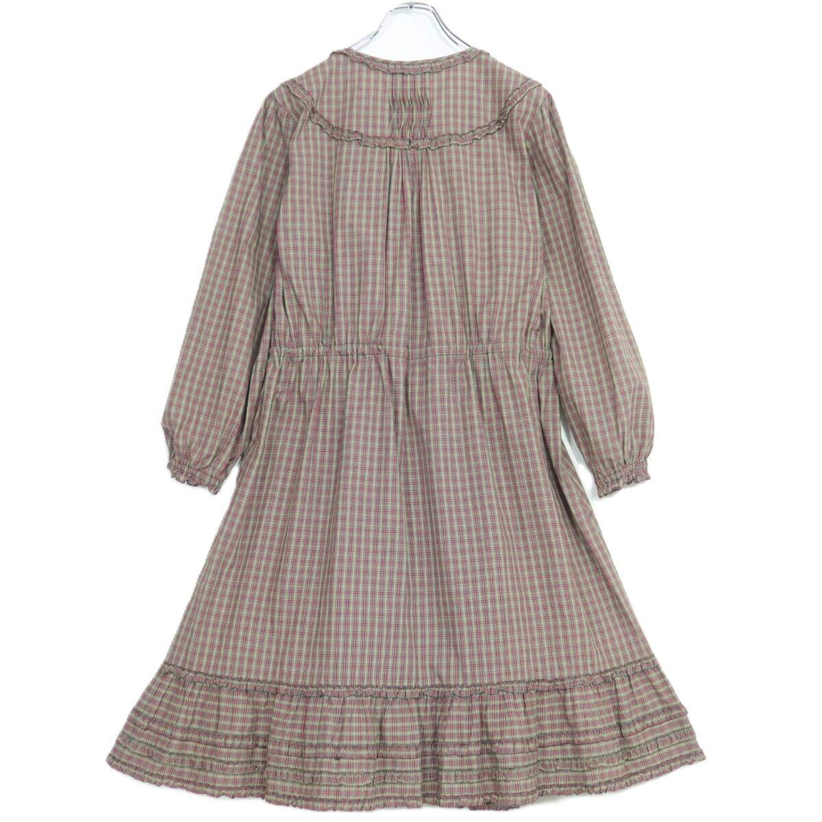 【美品】ピンクハウス★オリチェptフリル使い♪長袖ワンピース ブラウン系 前開き 薄手 z20249