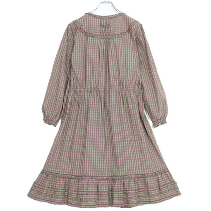 【美品】ピンクハウス★オリチェptフリル使い♪長袖ワンピース ブラウン系 前開き 薄手 z20249
