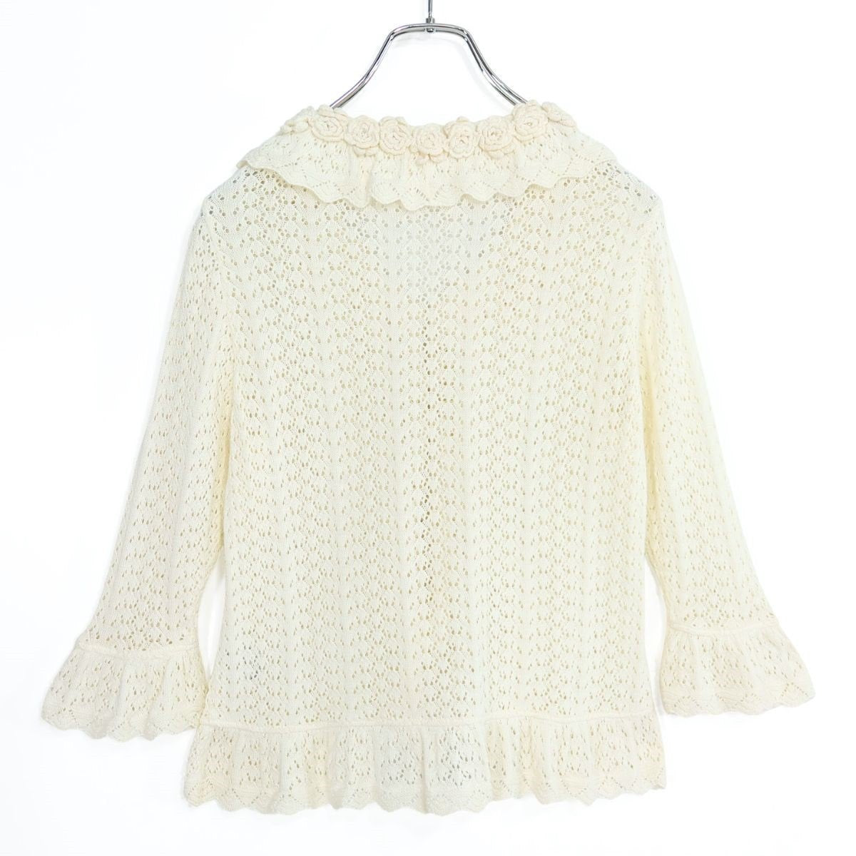 ピンクハウス★ビーズが煌めく♪ 花モチーフ付き透かし編みカーディガン フリル袖 アイボリー系 z19980