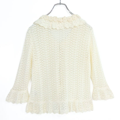 ピンクハウス★ビーズが煌めく♪ 花モチーフ付き透かし編みカーディガン フリル袖 アイボリー系 z19980