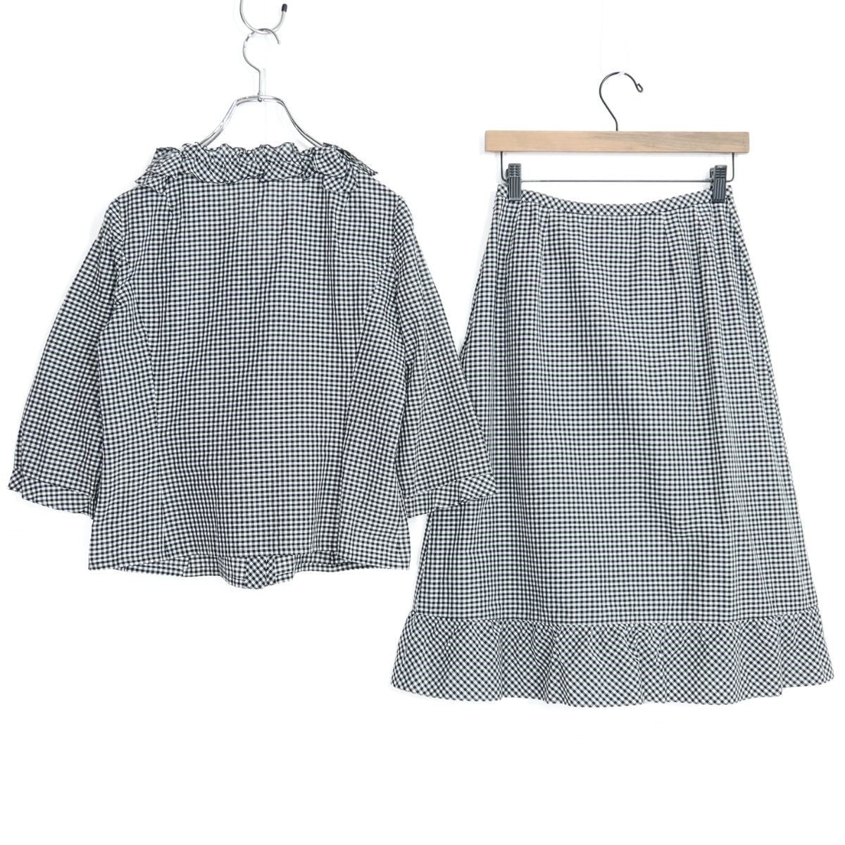 【美品】レリアン★モチーフ付き♪ギンガムチェックの上下セット 七分袖ブラウス&スカート サイズ9 黒×白系 裾フリル♪z20426