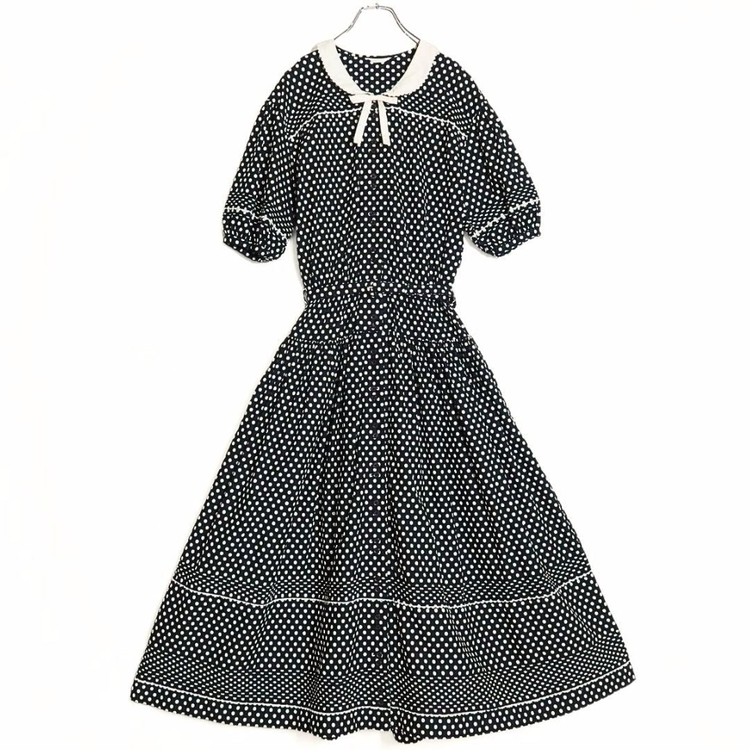 【美品】ピンクハウス★ドット柄パフスリーブワンピース  ネイビー系 レトロ可愛い♪清楚な白襟&リボン♪z15620