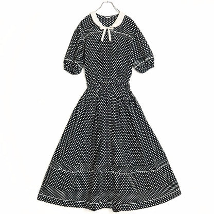 【美品】ピンクハウス★ドット柄パフスリーブワンピース  ネイビー系 レトロ可愛い♪清楚な白襟&リボン♪z15620