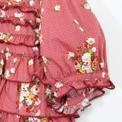 【美品】ピンクハウス★かぶせ段々フリル♪ドットと花柄のふんわりブラウス 赤紫系 ピコレース&リボン♪薄手 z21087