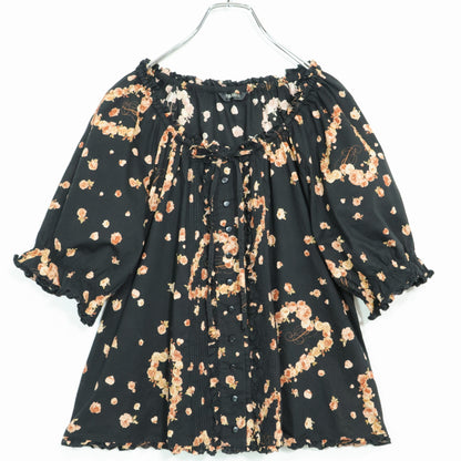 ピンクハウス★大人可愛いハートモチーフ♪薔薇柄 綿ローン リボン付き 半袖ブラウス 黒系 z22923