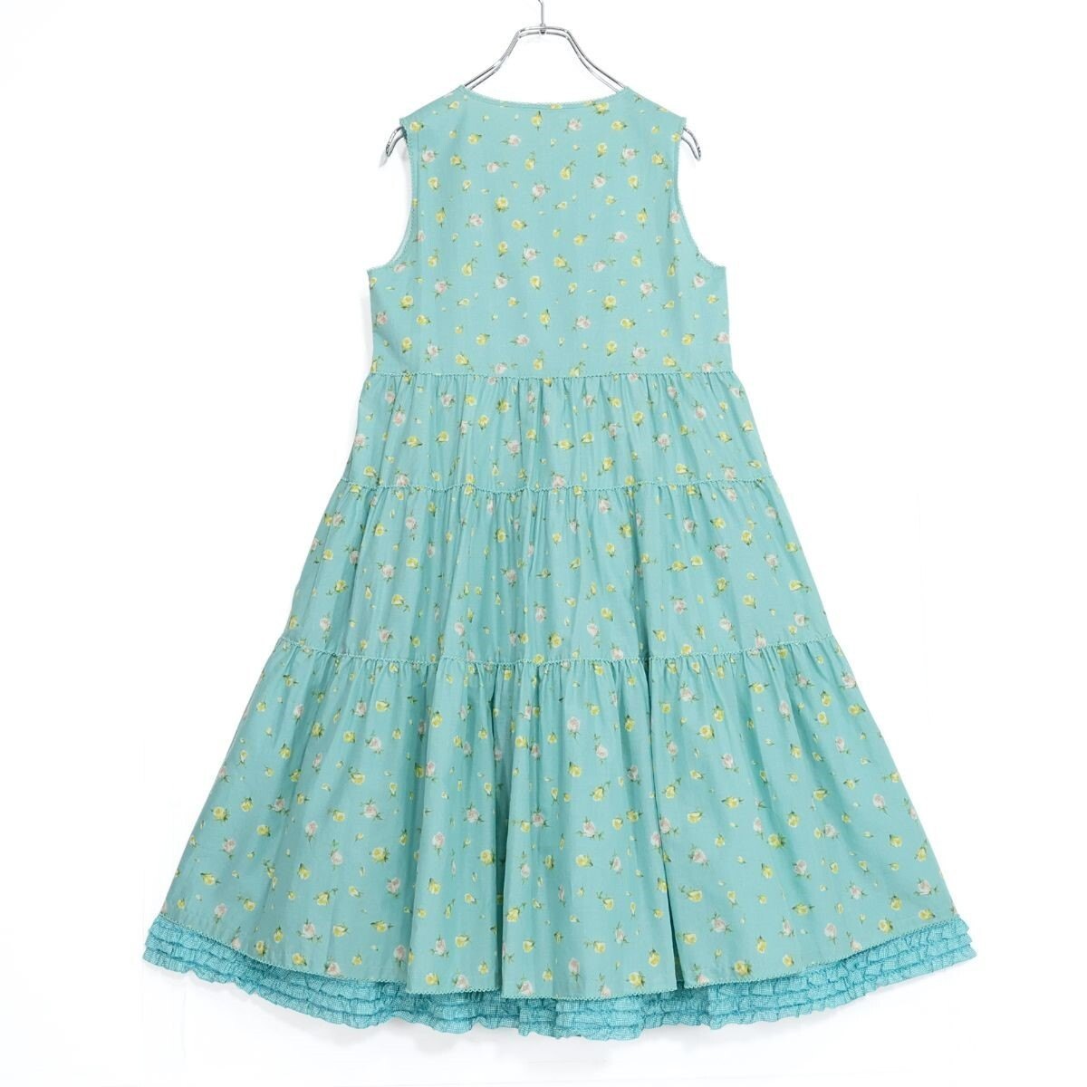 【極美品紙タグ有】ピンクハウス★爽やかカラーと薔薇のつぼみpt♪ローンワンピース 裾段々フリル・ふんわりフォルム 青緑系 z21367
