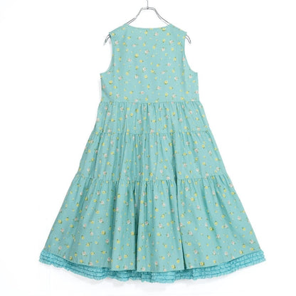 【極美品紙タグ有】ピンクハウス★爽やかカラーと薔薇のつぼみpt♪ローンワンピース 裾段々フリル・ふんわりフォルム 青緑系 z21367