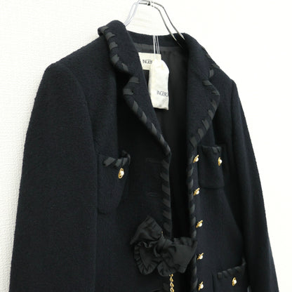 【美品】インゲボルグ★テープ使い♪アンゴラ混スーツ ジャケット&スカート セットアップ サイズM 黒系 リボン&チェーン♪z23566