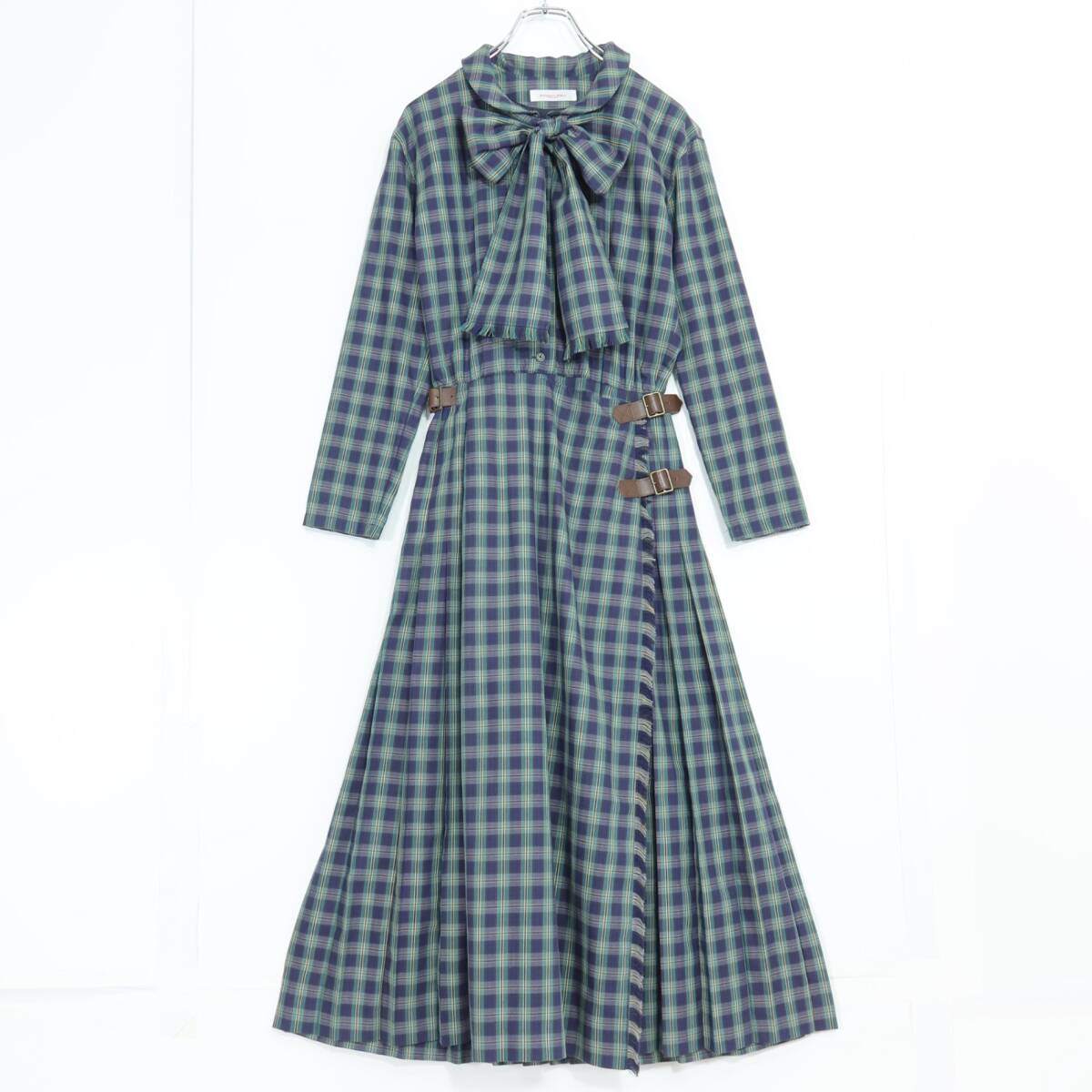 【レア美品】ワンダフルワールド カネコイサオ★オリチェpt♪長袖ワンピース 緑×紺系 ラップ&プリーツ♪幅広リボン付♪薄手 z20562