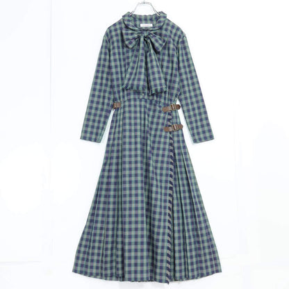 【レア美品】ワンダフルワールド カネコイサオ★オリチェpt♪長袖ワンピース 緑×紺系 ラップ&プリーツ♪幅広リボン付♪薄手 z20562