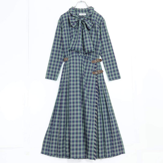 【レア美品】ワンダフルワールド カネコイサオ★オリチェpt♪長袖ワンピース 緑×紺系 ラップ&プリーツ♪幅広リボン付♪薄手 z20562