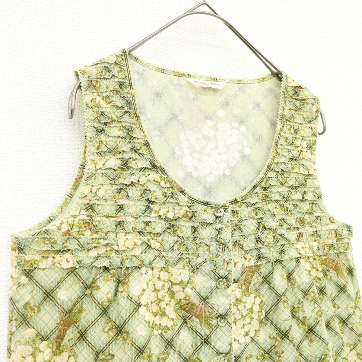 【極美品】ワンダフルワールド カネコイサオ★三点セット♪オリチェ&シロツメクサptブラウス&スカート ハッカ系 前開き z23241
