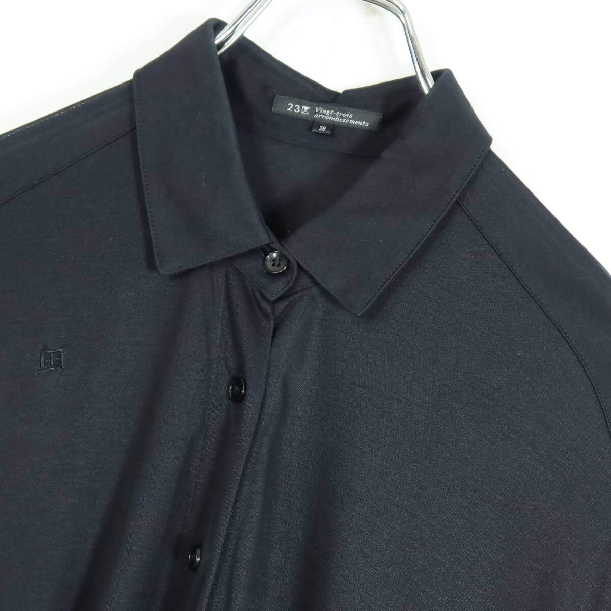 【美品】23区★上品な印象♪ フレンチ袖シャツワンピース ドレープ感 サイズ38 黒系 ＊z18388