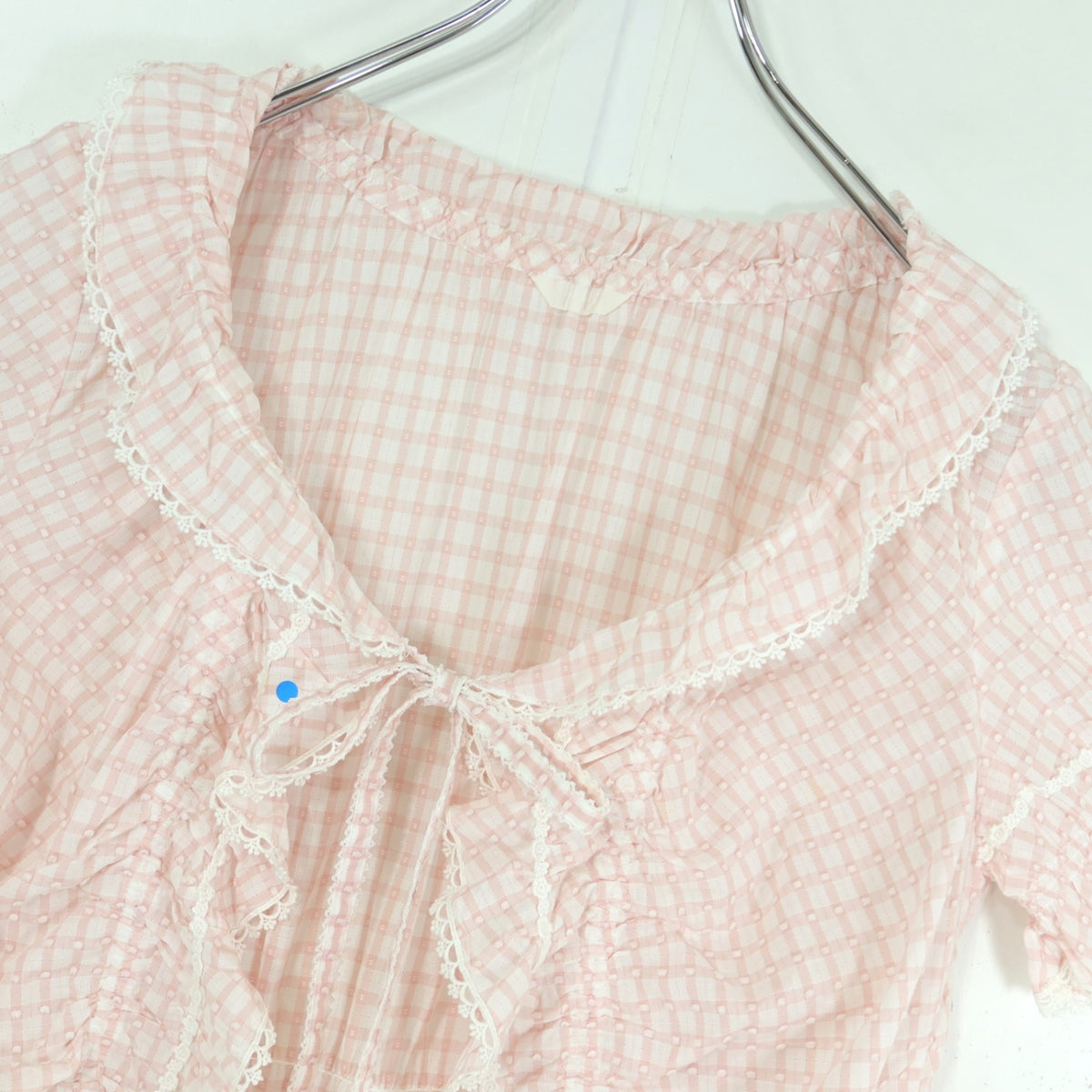 ピンクハウス★ドット刺繍♪チェックの半袖ローンブラウス はおりもの ピンク系 たっぷりフリル&レース♪前開き z19936