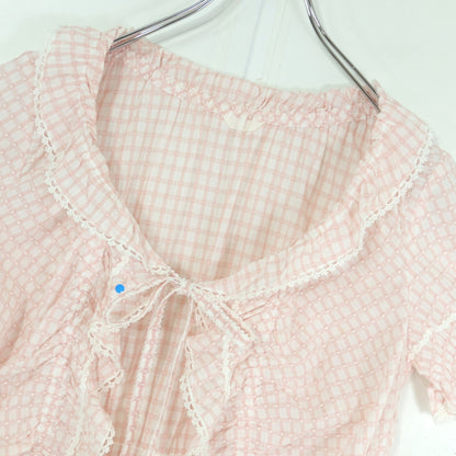 ピンクハウス★ドット刺繍♪チェックの半袖ローンブラウス はおりもの ピンク系 たっぷりフリル&レース♪前開き z19936