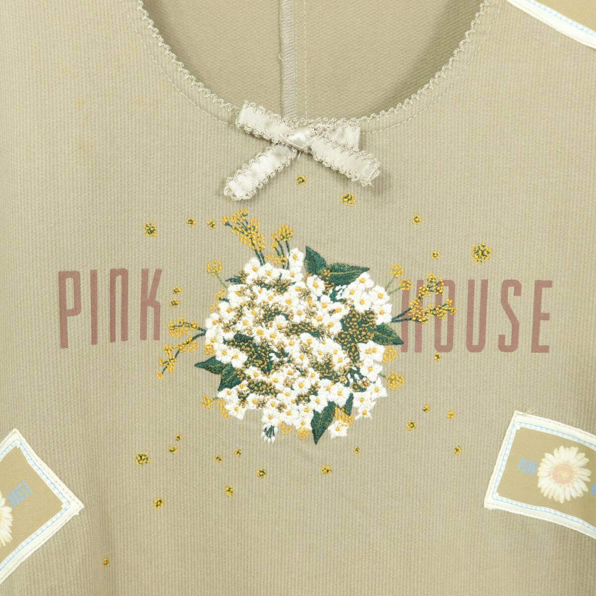 ピンクハウス★可愛い！ひな菊ブーケ刺繍♪ジャンパースカート コーデュロイ 薄茶系 リボン&ワッペン♪厚手 z20133