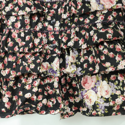 【美品】ピンクハウス★薔薇pt♪裾かぶせ段々フリルのローンスカート 黒系 前開き z22918