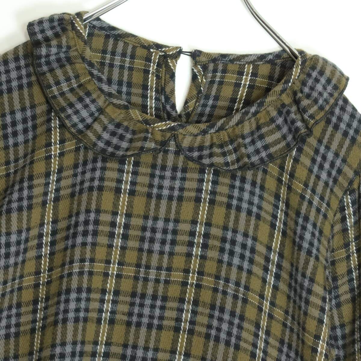 【美品】ピンクハウス ★可愛い！チェック柄ワンピース  長袖 ネル フリル襟 ゆったり フォルム　緑 グレー系＊ z15094