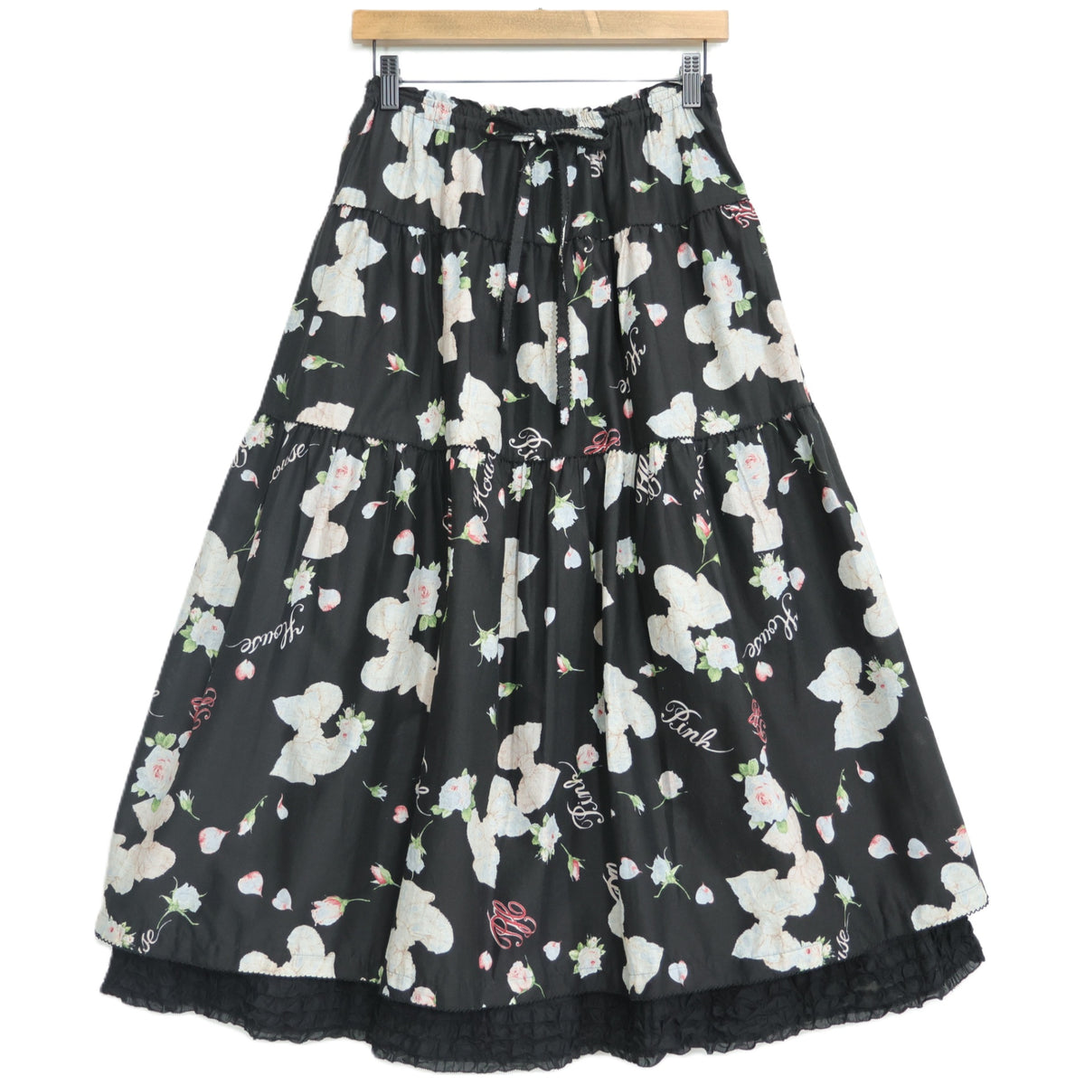 【美品】ピンクハウス★リボン&薔薇pt♪ローンギャザースカート 黒系 段々フリルがちら見え♪薄手 z22519