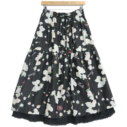 【美品】ピンクハウス★リボン&薔薇pt♪ローンギャザースカート 黒系 段々フリルがちら見え♪薄手 z22519