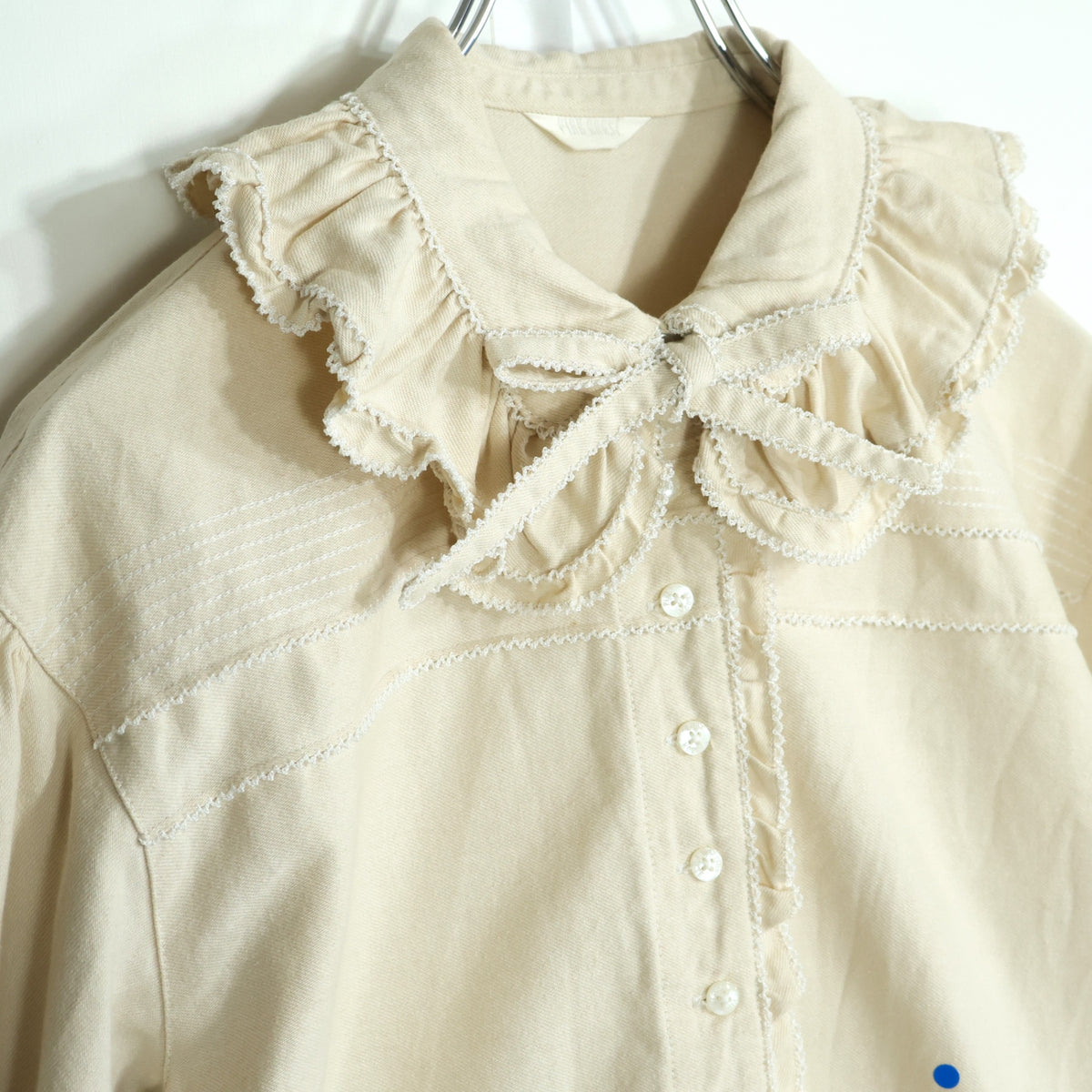 ピンクハウス★ロゴ刺しゅう♪厚手コットンの上下セット 長袖ブラウス&前開きスカート ベージュ系 ウエストお直し z22707