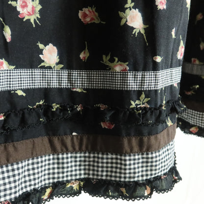 【美品】ピンクハウス★ギンガムパッチワーク♪ローンチュニックブラウス 黒系 薔薇pt♪薄手 z18327