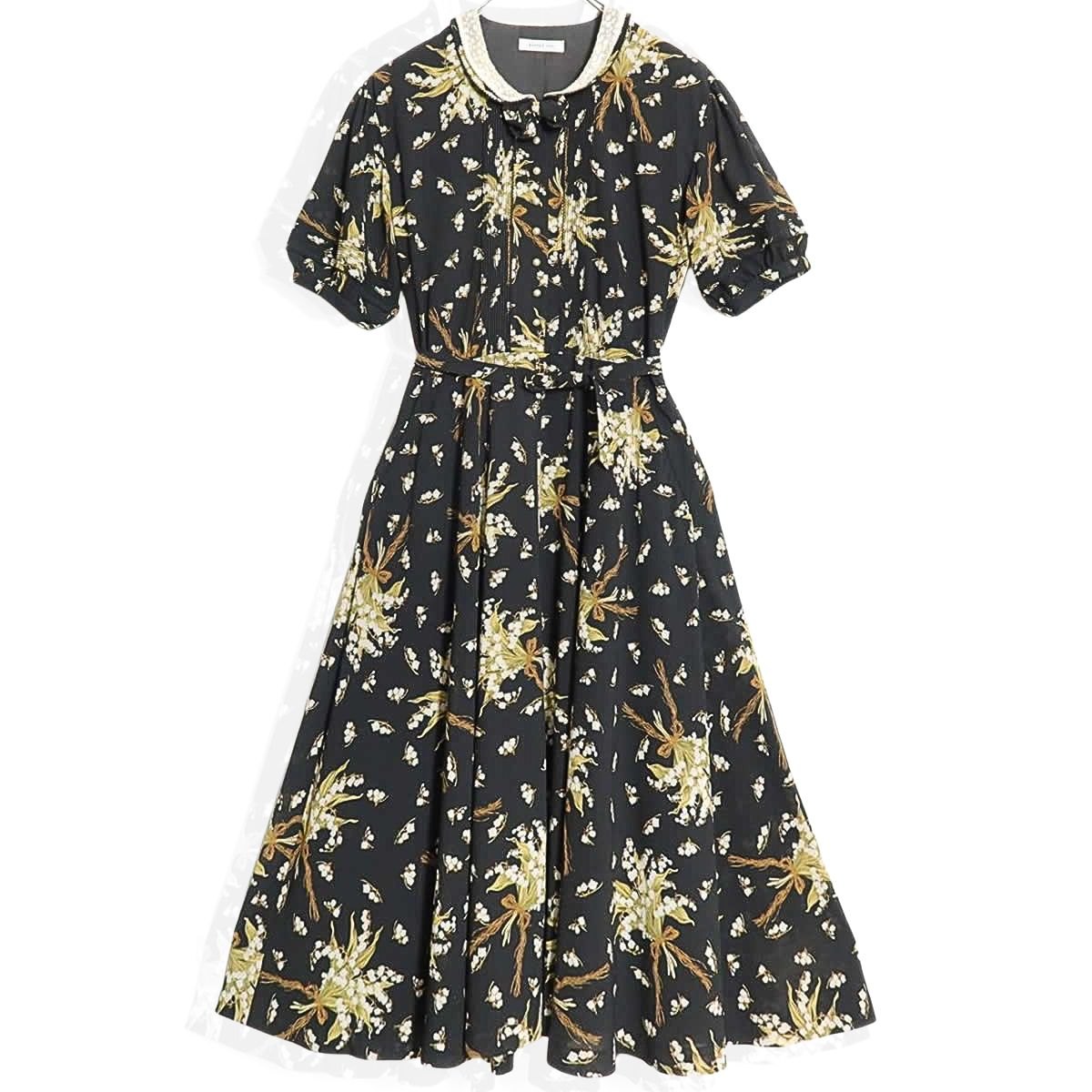 【美品】カネコイサオ★可憐なすずらん柄♪リボン付きワンピース 黒系 ゆったりフォルム♪パールビーズ＆ピコレース♪z14336