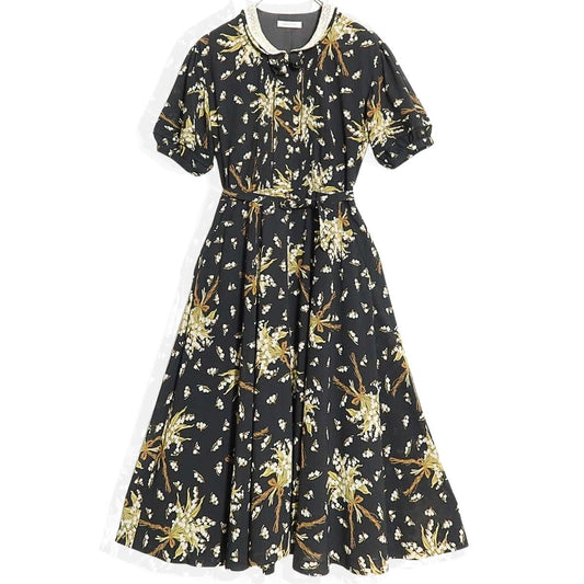 【美品】カネコイサオ★可憐なすずらん柄♪リボン付きワンピース 黒系 ゆったりフォルム♪パールビーズ＆ピコレース♪z14336