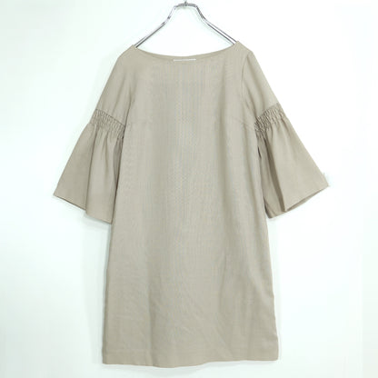 【美品】クチュールブローチ★シャーリングデザイン♪七分袖ワンピース サイズ38 薄茶系 薄手 z22765