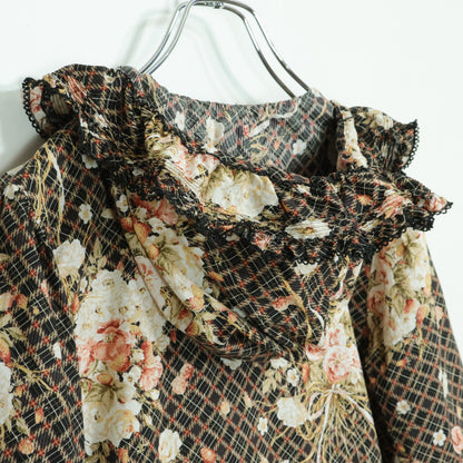 【美品】ピンクハウス★フェイバリットブーケpt♪長袖ブラウス フーディ 黒系 前開き たっぷりフリル♪z22911