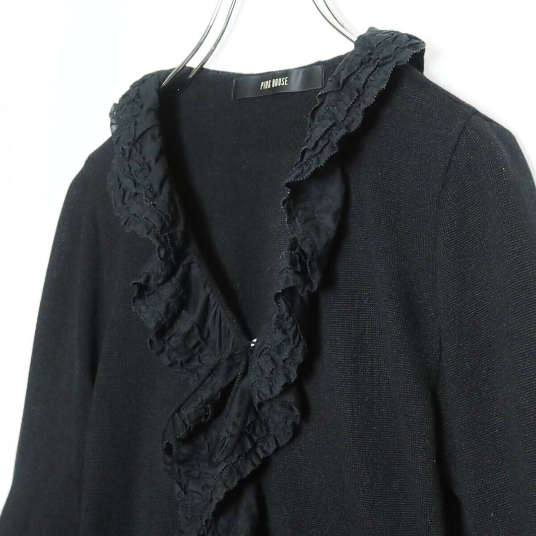 【美品】ピンクハウス★可愛い！ 段々フリル付き♪ニットカーディガン はおりもの 七分袖  リボン飾り 黒系＊z16996
