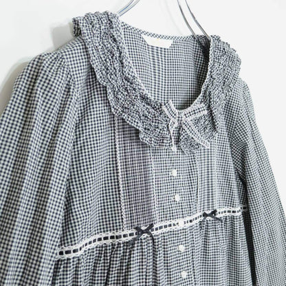 【美品】ピンクハウス★カットワーク刺繍♪ギンガムチェック 長袖ブラウス 黒系 前開き はしごレース リボン♪z21336