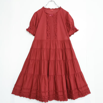 【美品】ピンクハウス★ふんわりフォルム♪華やかローンワンピース 赤系 裾段々&サテンリボン♪無地 z22171